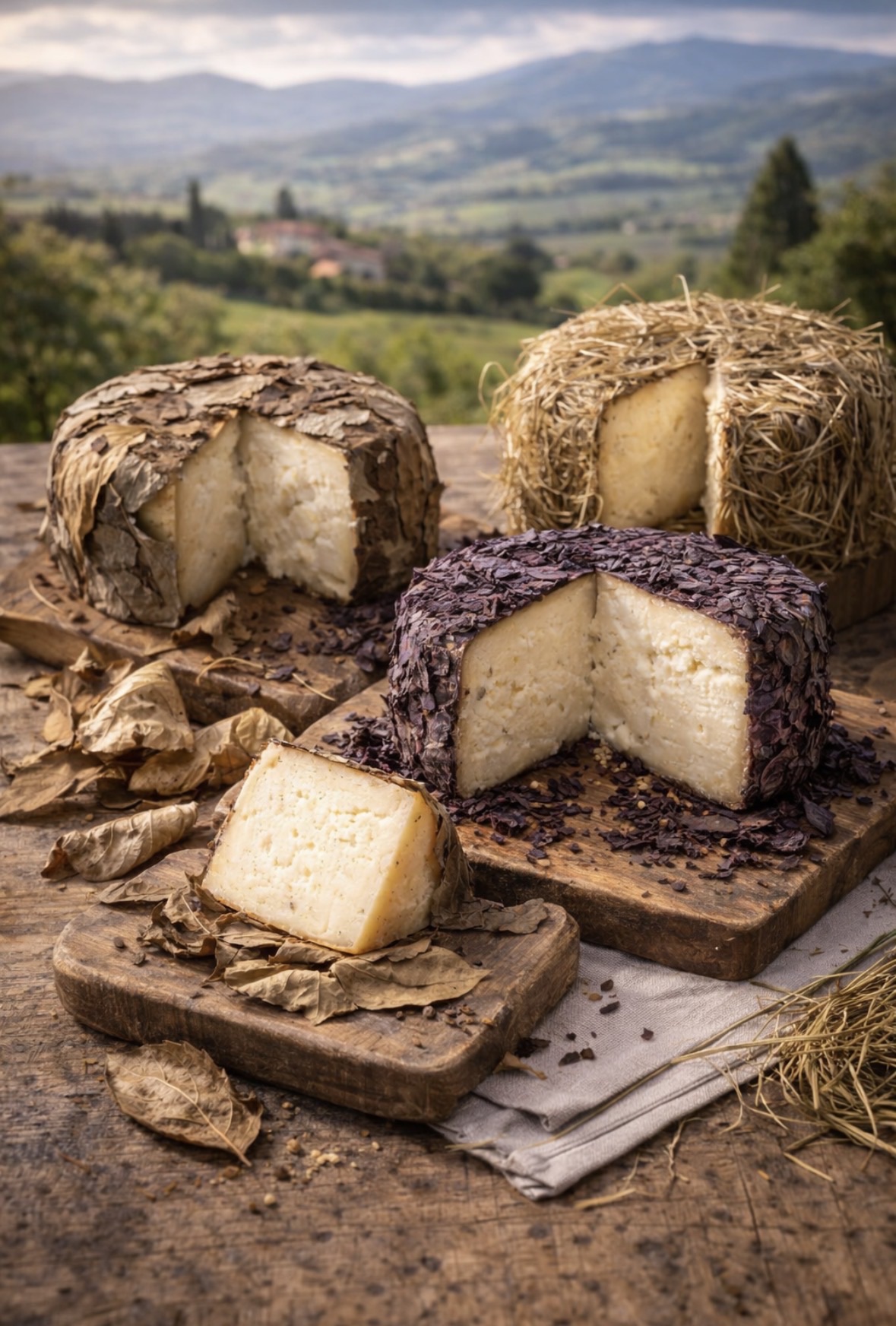Pecorino stagionato in foglie di noce/vinaccia/fieno