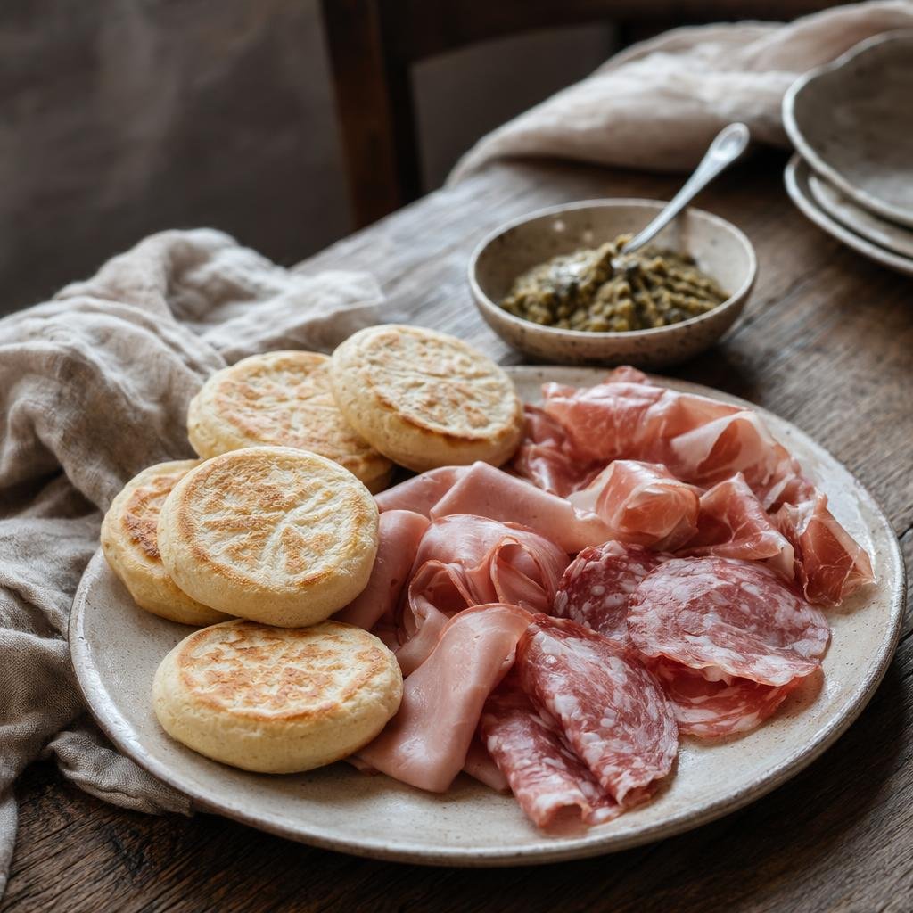 Crescentine (tigelle) con salumi — typical dish of Bologna