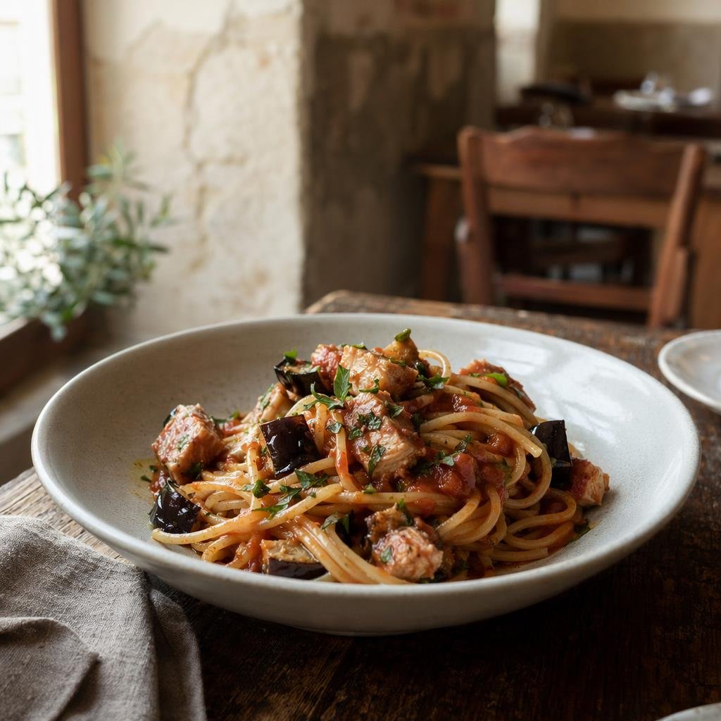 Spaghetti con pesce spada e melanzane — Piatto tipico di Messina