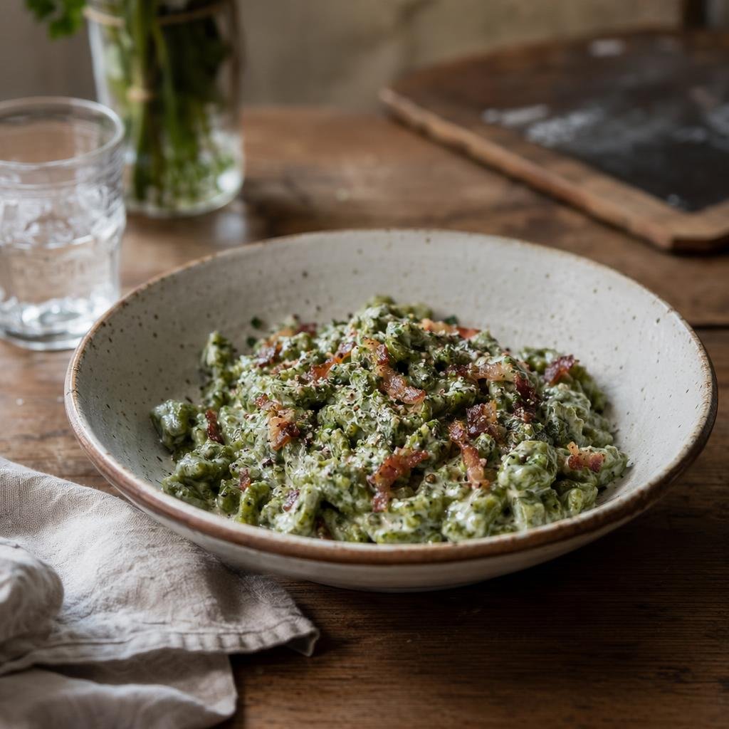 Spätzle agli spinaci con panna e speck — Piatto tipico di Bolzano