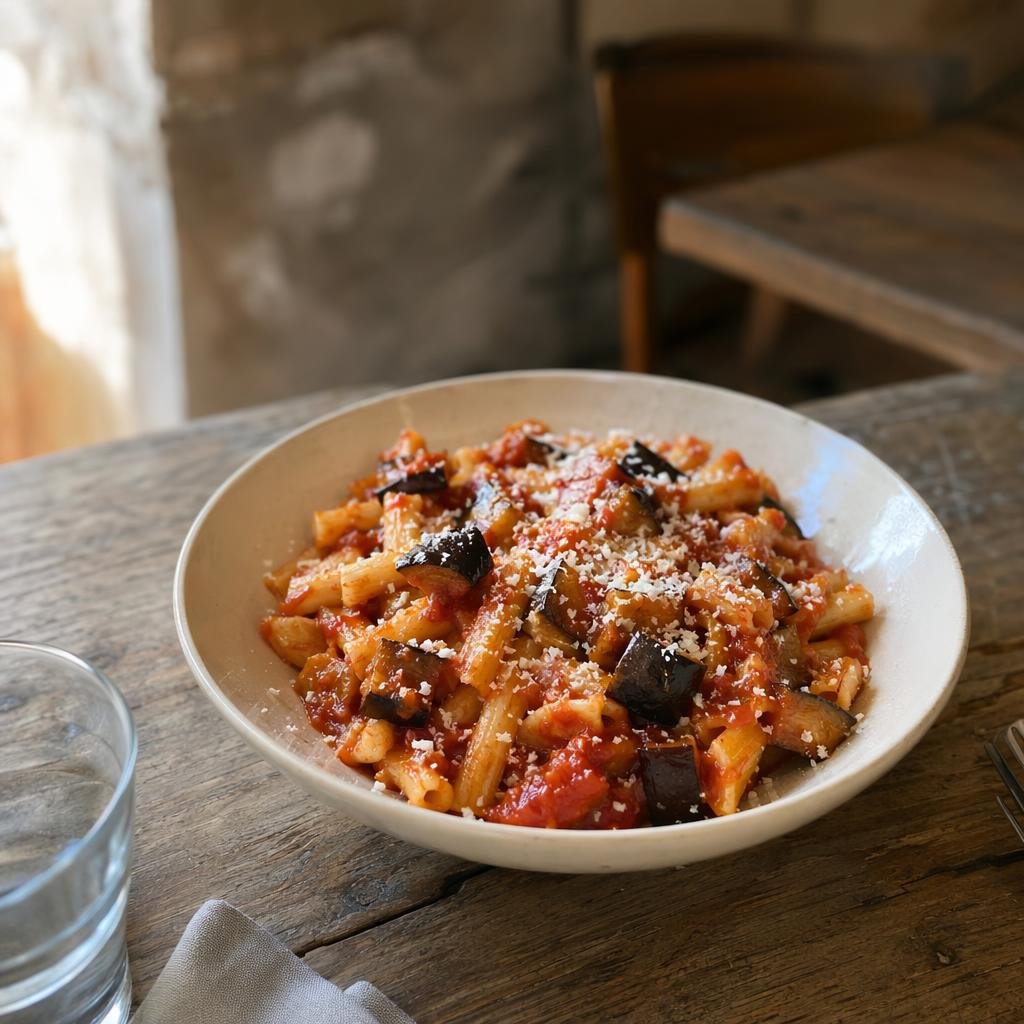 Pasta con melanzane e ricotta salata alla reggina — piatto tipico di Reggio Calabria