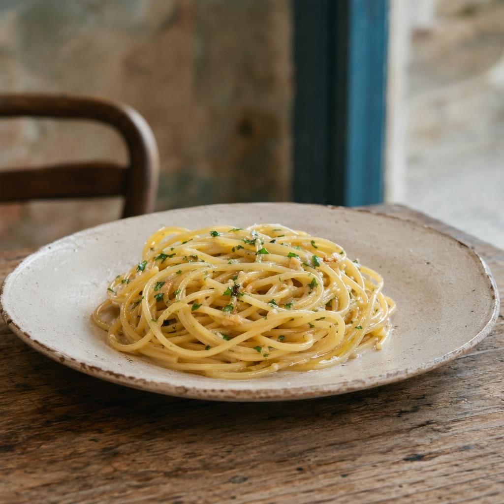 Spaghetti con colatura di alici di Cetara — piatto tipico di Amalfi