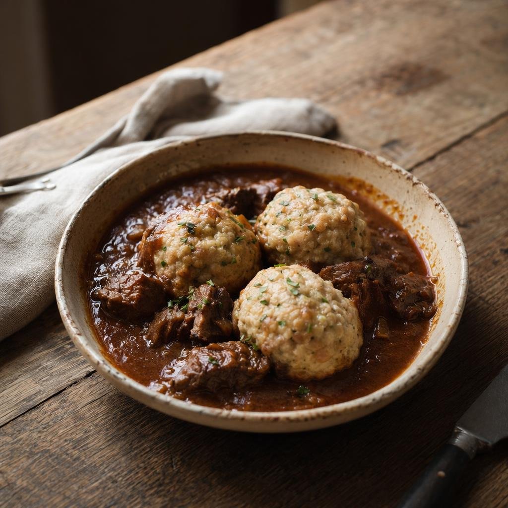 Gulasch alla tirolese con canederli — piatto tipico di Bolzano