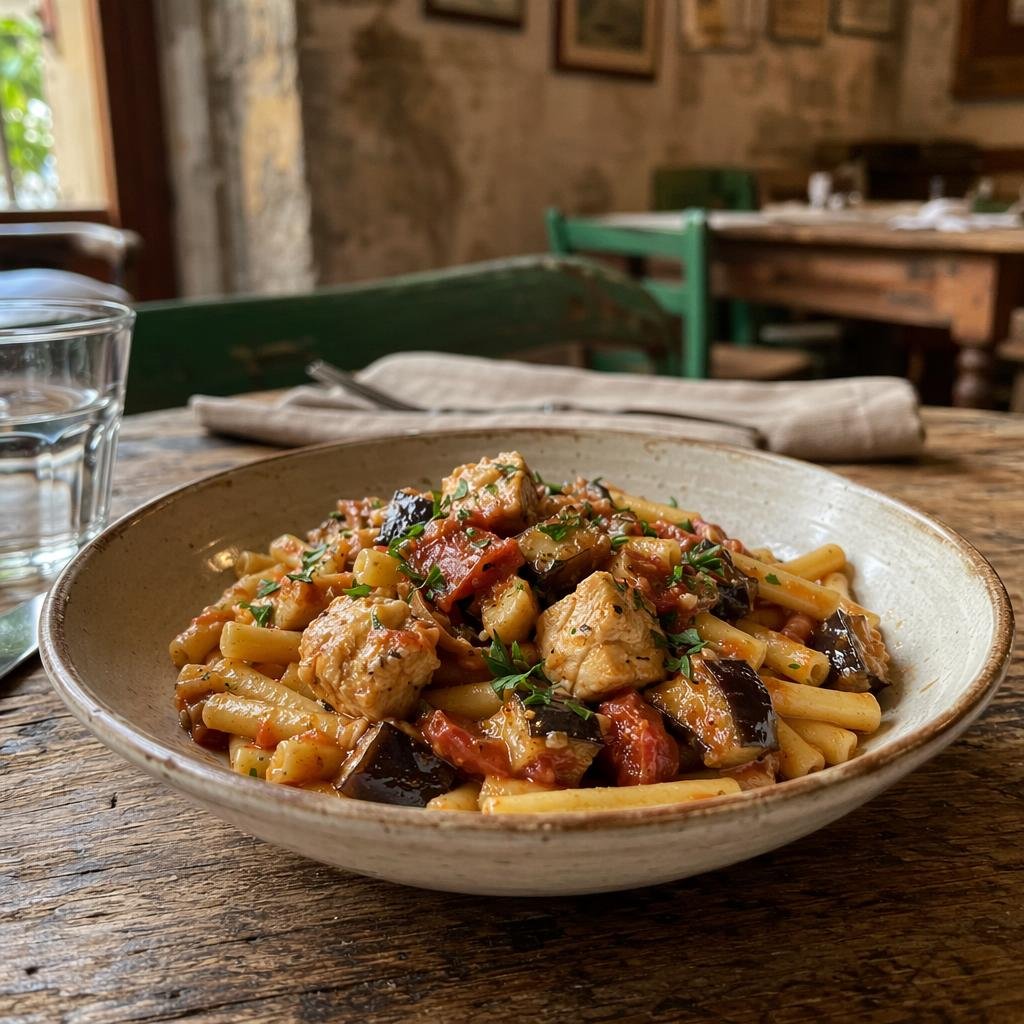 Pasta mit Schwertfisch und Auberginen nach Reggio-Art — Typisches Gericht aus Reggio Calabria